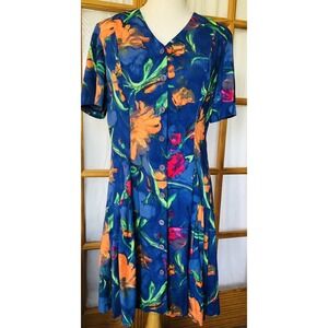 St Tropez West Floral Dress Womens 12 Blue Rayon Button Up USA Cottagecore Boho